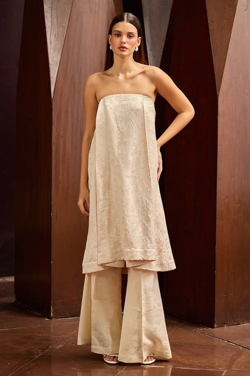 Peach Jacquard Strapless Tunic with Ivory Wide-Leg Pants Set