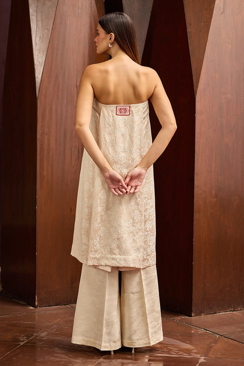 Peach Jacquard Strapless Tunic with Ivory Wide-Leg Pants Set