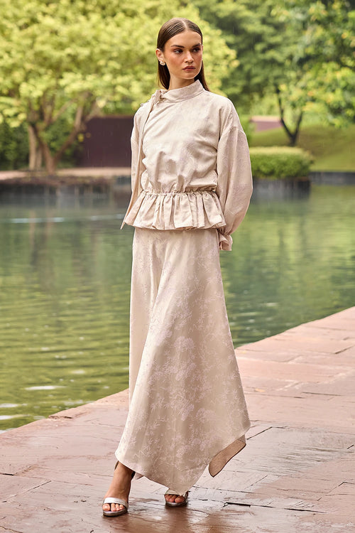 Ivory Jacquard Peplum Top and Asymmetrical Midi Skirt Set