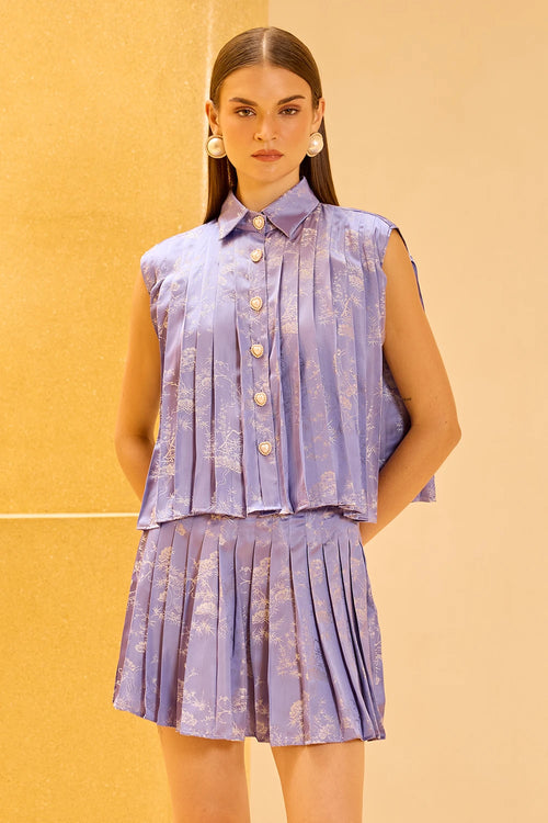 Lavendar Jacquard Pleated Sleeveless Button-Down Set