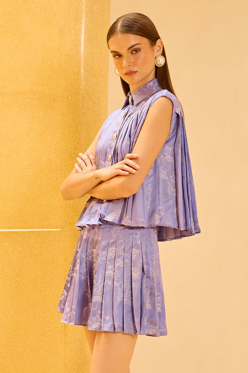 Lavendar Jacquard Pleated Sleeveless Button-Down Set
