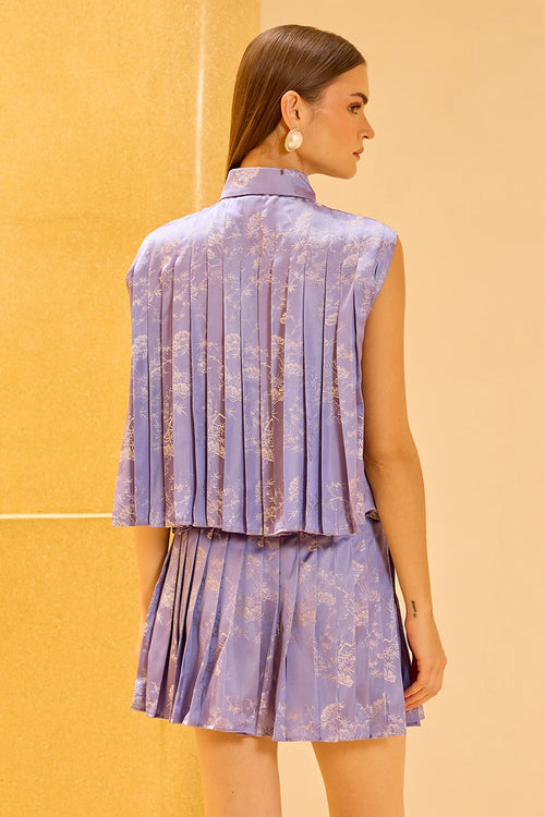 Lavendar Jacquard Pleated Sleeveless Button-Down Set