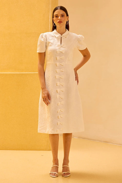 White Jacquard Hand-Embellished Midi Dress