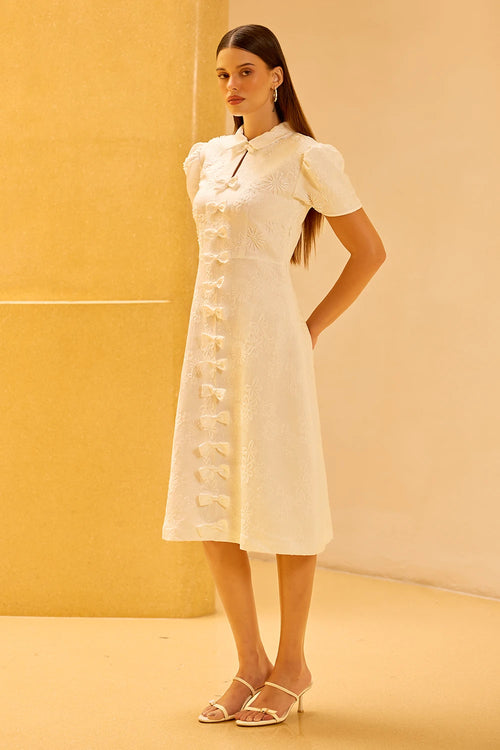 White Jacquard Hand-Embellished Midi Dress
