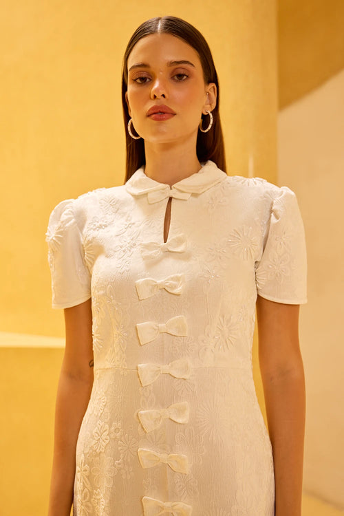 White Jacquard Hand-Embellished Midi Dress