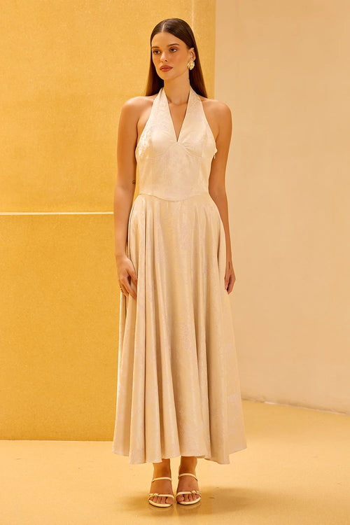 Ivory Jacquard Halter Midi Dress