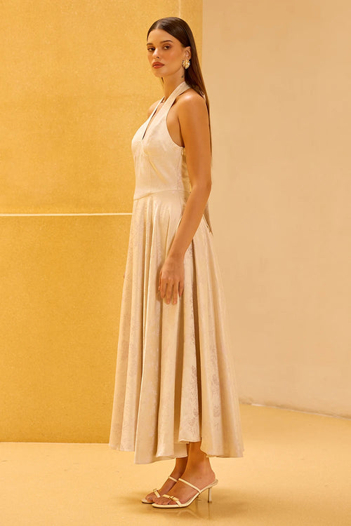Ivory Jacquard Halter Midi Dress