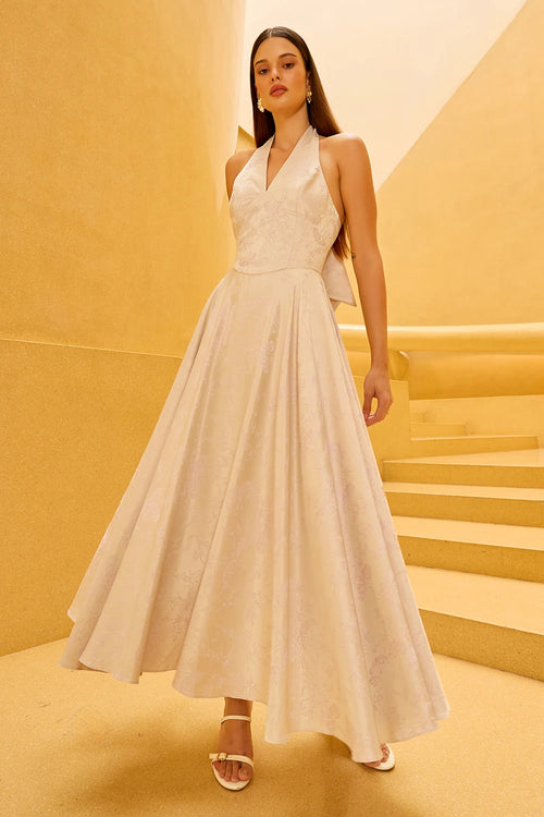 Ivory Jacquard Halter Midi Dress