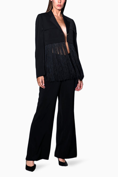 Black Crop Jacket With Fringes