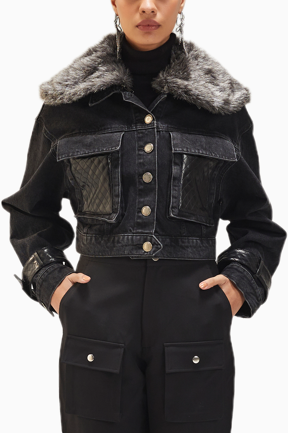 Black Denim Jacket With Fur Collar And Faux Leather Detail