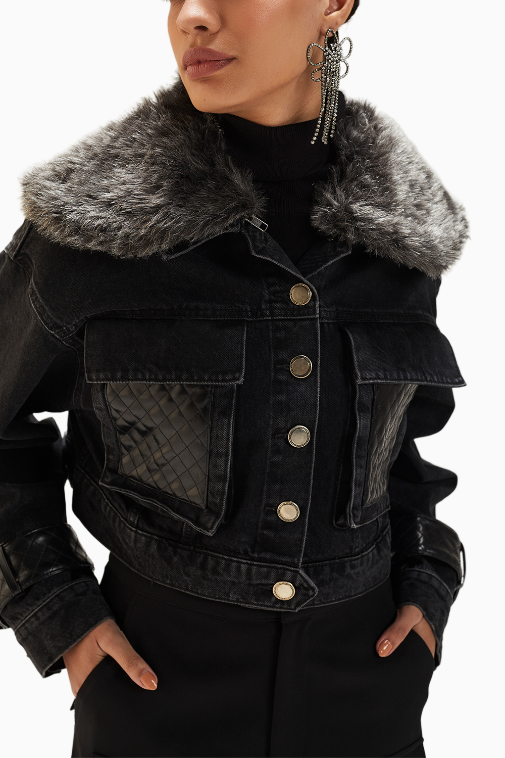 Black Denim Jacket With Fur Collar And Faux Leather Detail