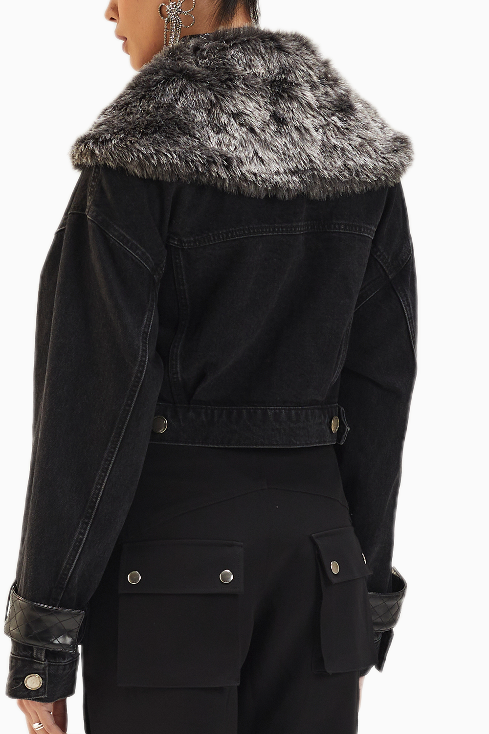 Black Denim Jacket With Fur Collar And Faux Leather Detail