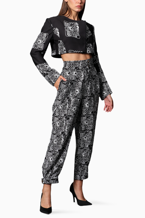 Black Printed Crop Jacket With Chinos Pants