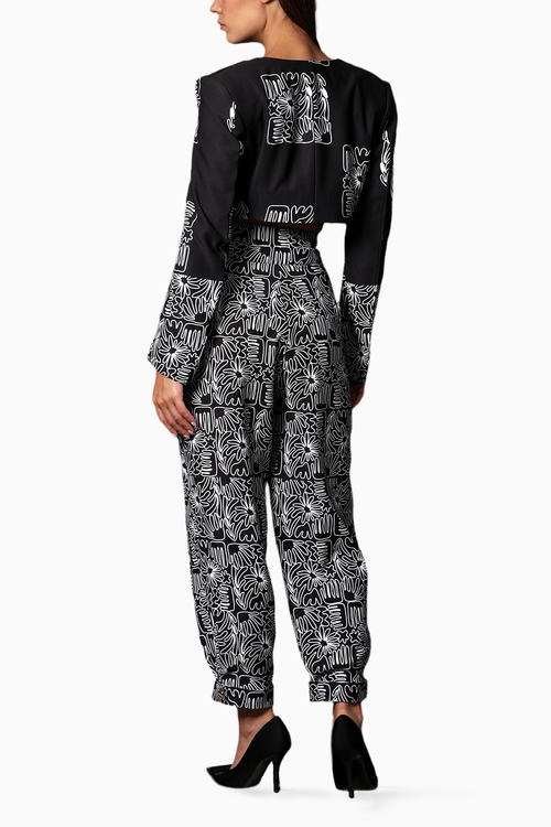 Black Printed Crop Jacket With Chinos Pants