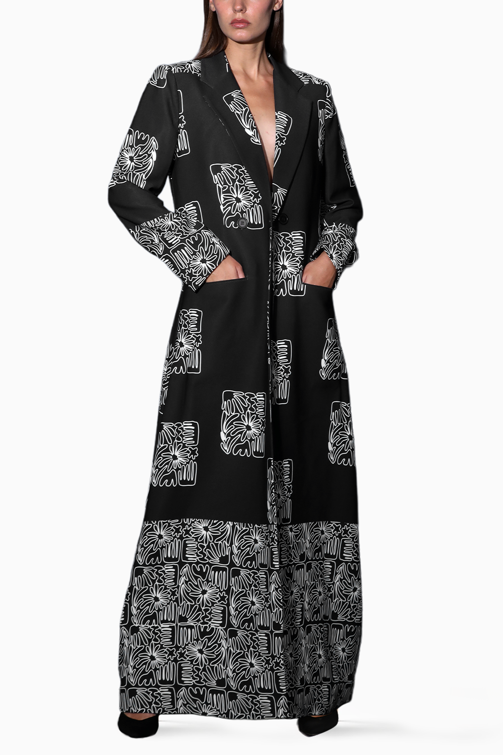 Black Printed Long Overcoat
