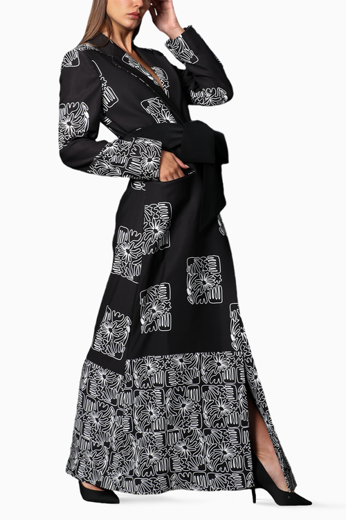 Black Printed Long Overcoat