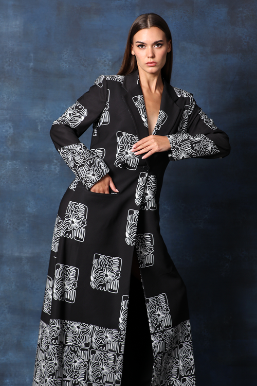 Black Printed Long Overcoat