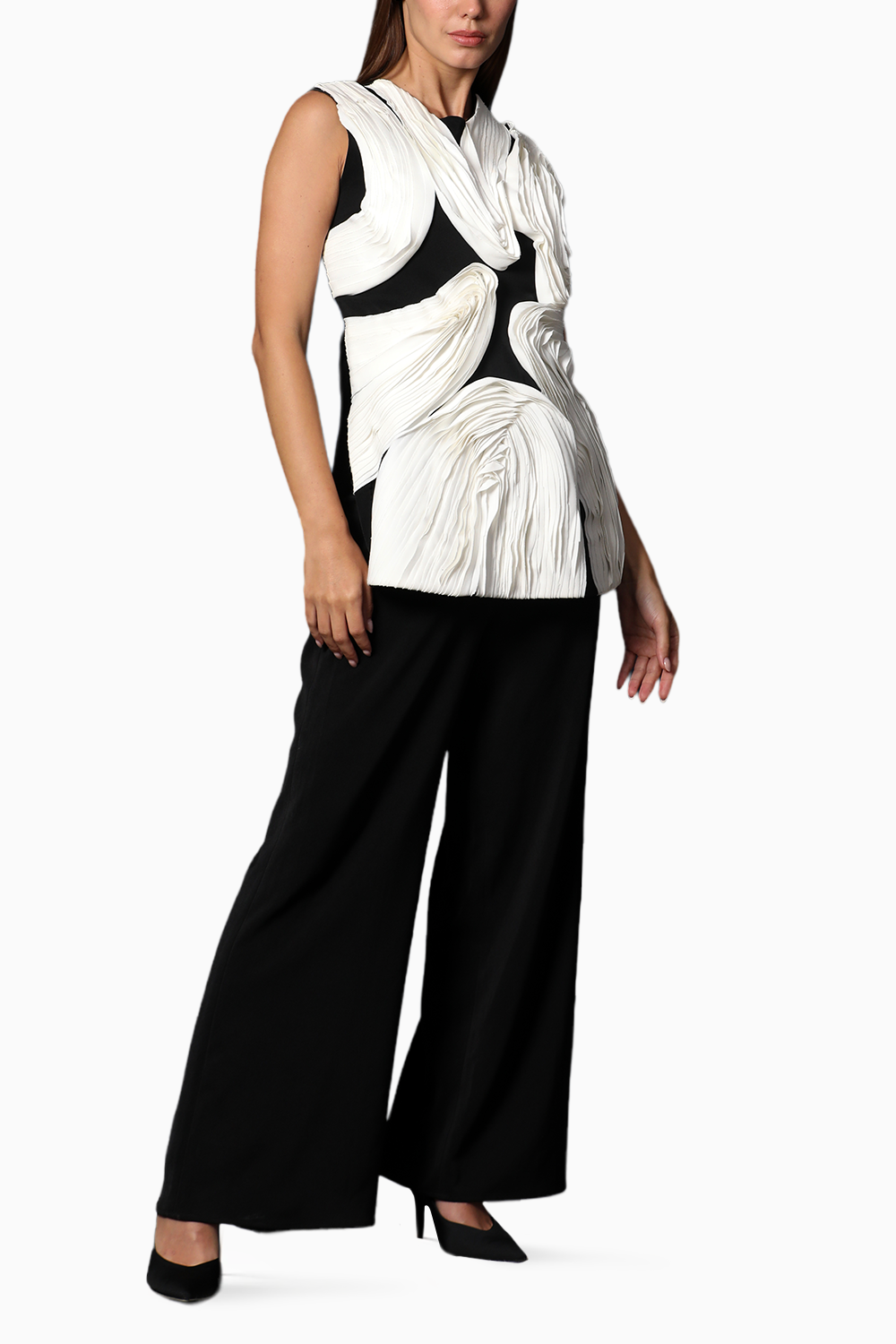 Black White Textured Top With Flared Pants