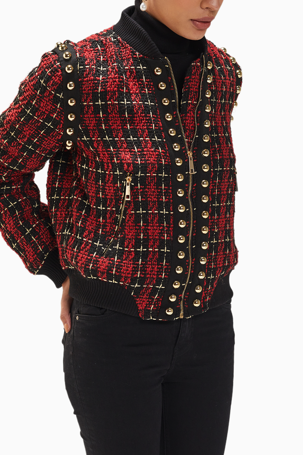 Black & Red Tweed Bomber Jacket