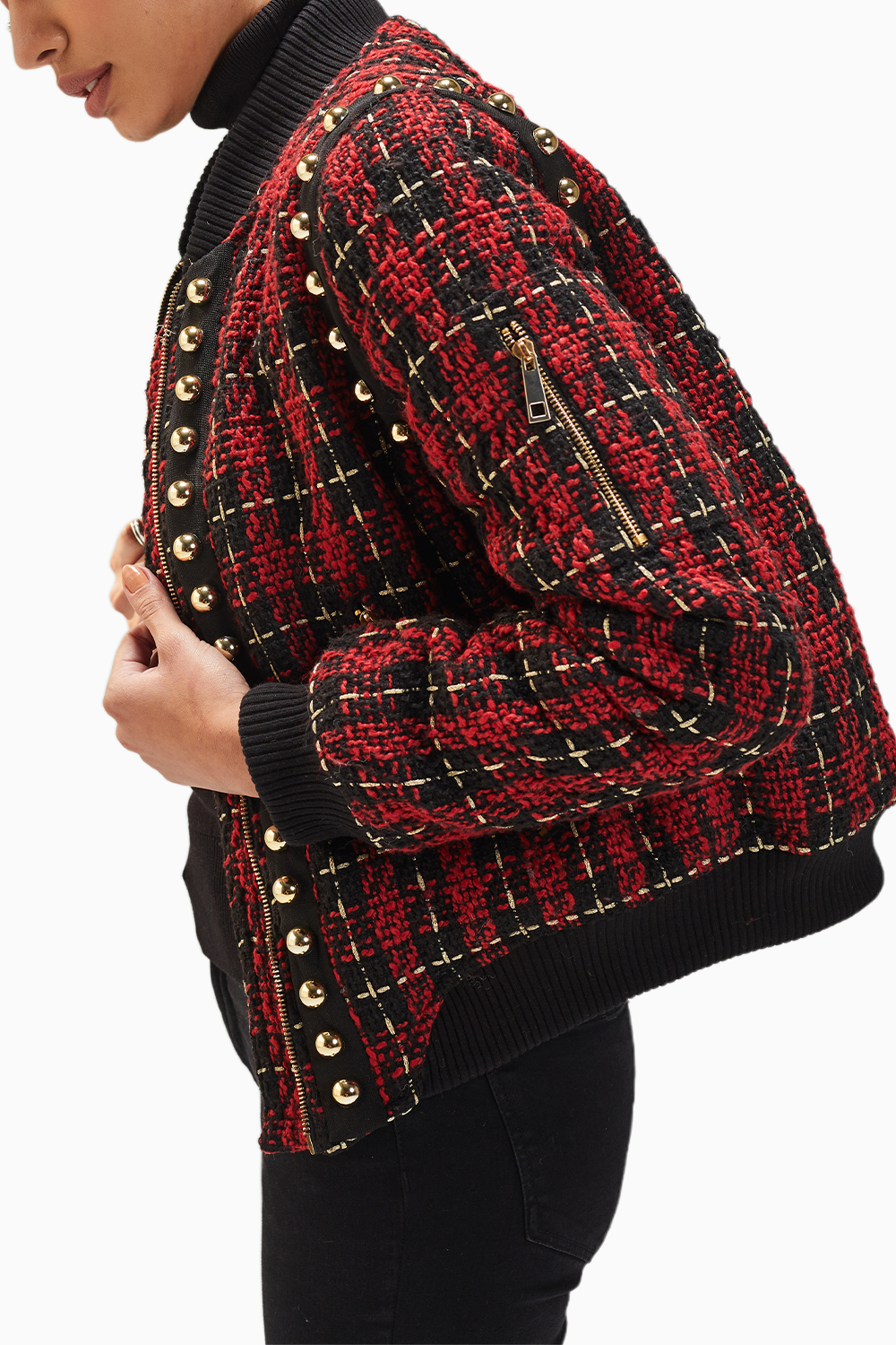 Black & Red Tweed Bomber Jacket