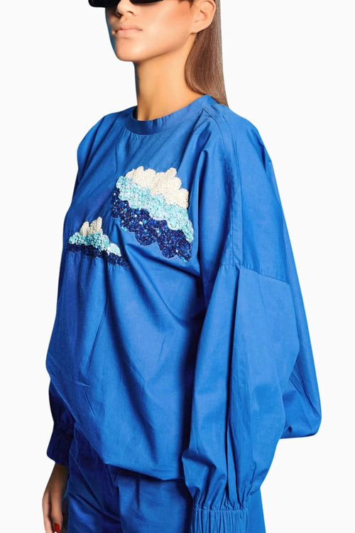 Blue Embroidered Top With Joggers