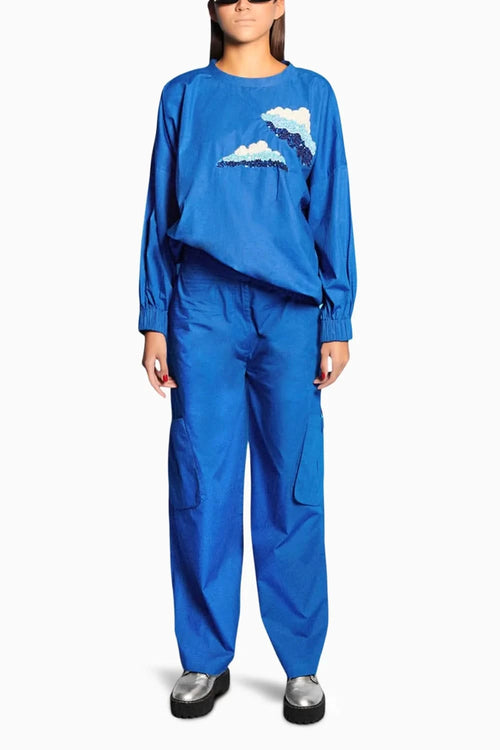 Blue Embroidered Top With Joggers