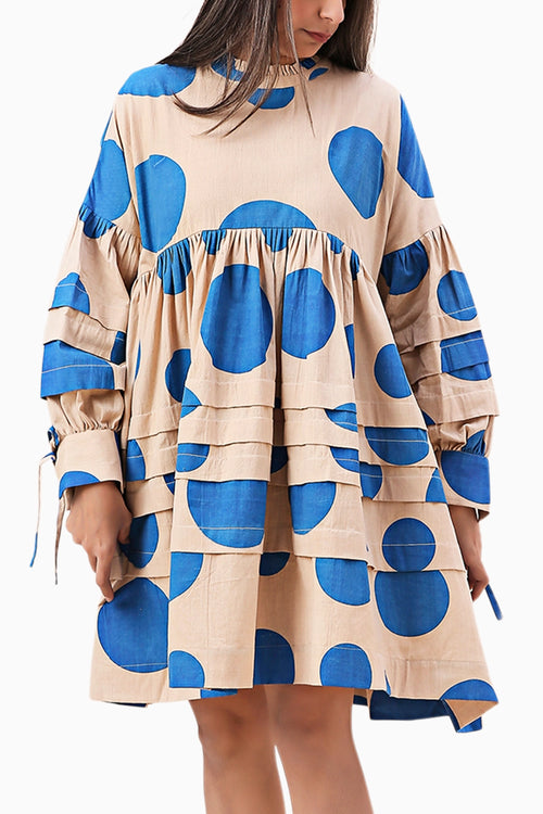 Blue Hand Block Printed Polka Avira Dress