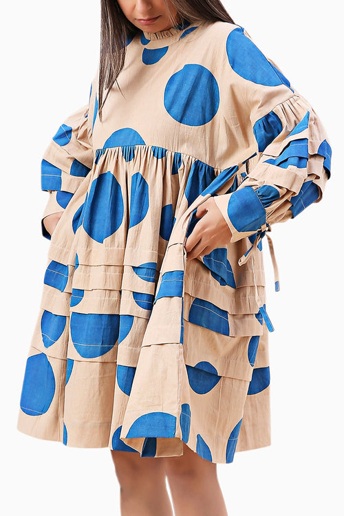 Blue Hand Block Printed Polka Avira Dress