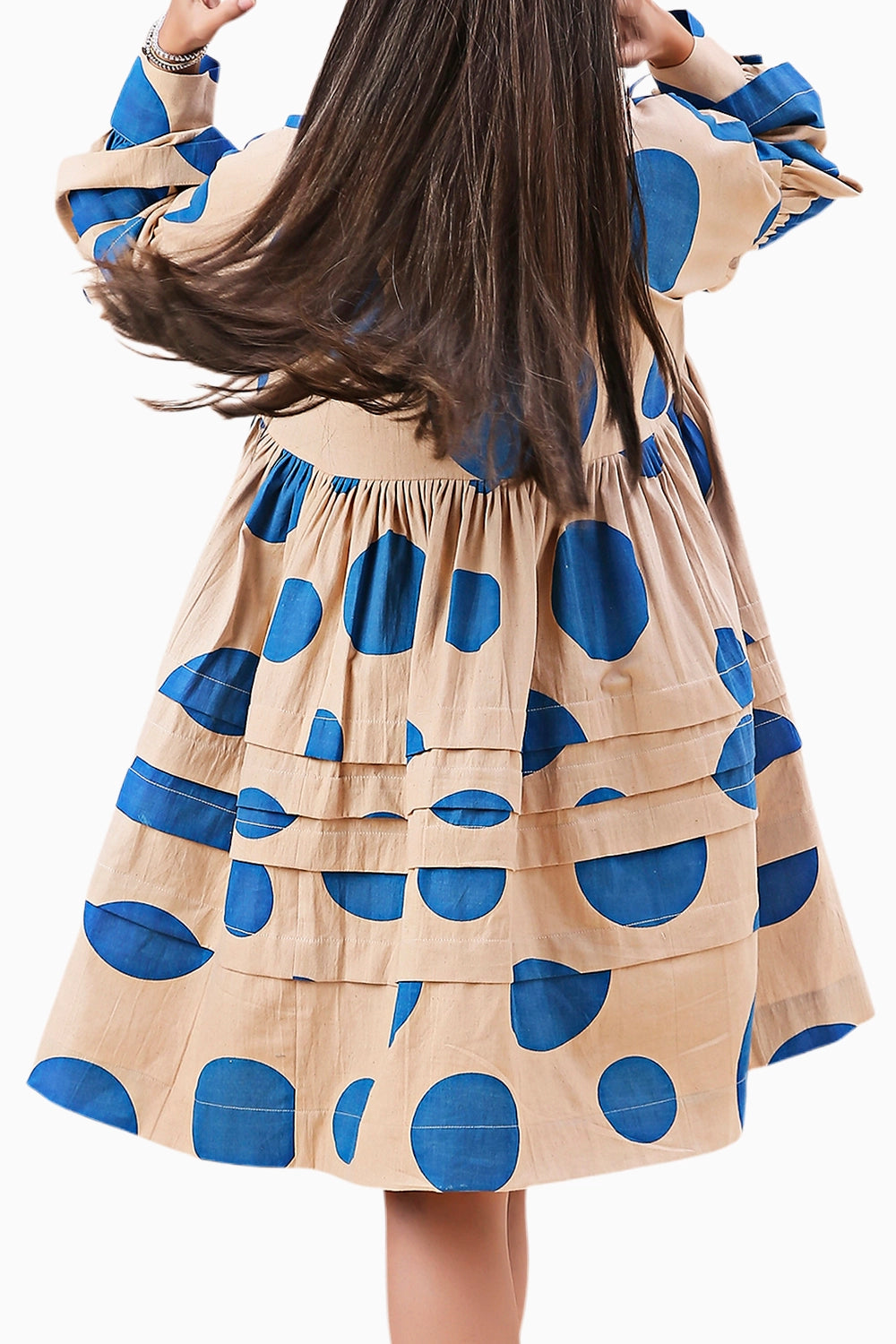 Blue Hand Block Printed Polka Avira Dress