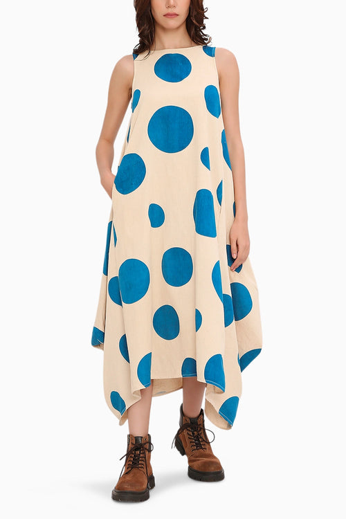 Blue Hand Block Printed Polka Vari Dress