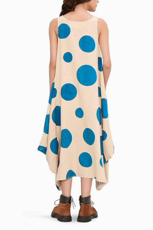 Blue Hand Block Printed Polka Vari Dress
