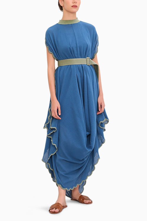 Blue Ribbed Scallop Cowl Dress