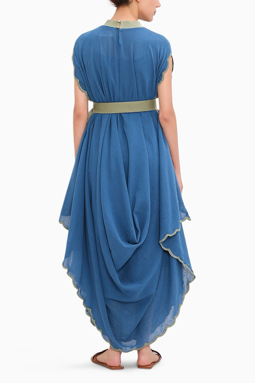 Blue Ribbed Scallop Cowl Dress