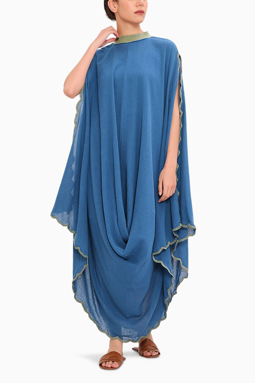 Blue Ribbed Scallop Cowl Dress