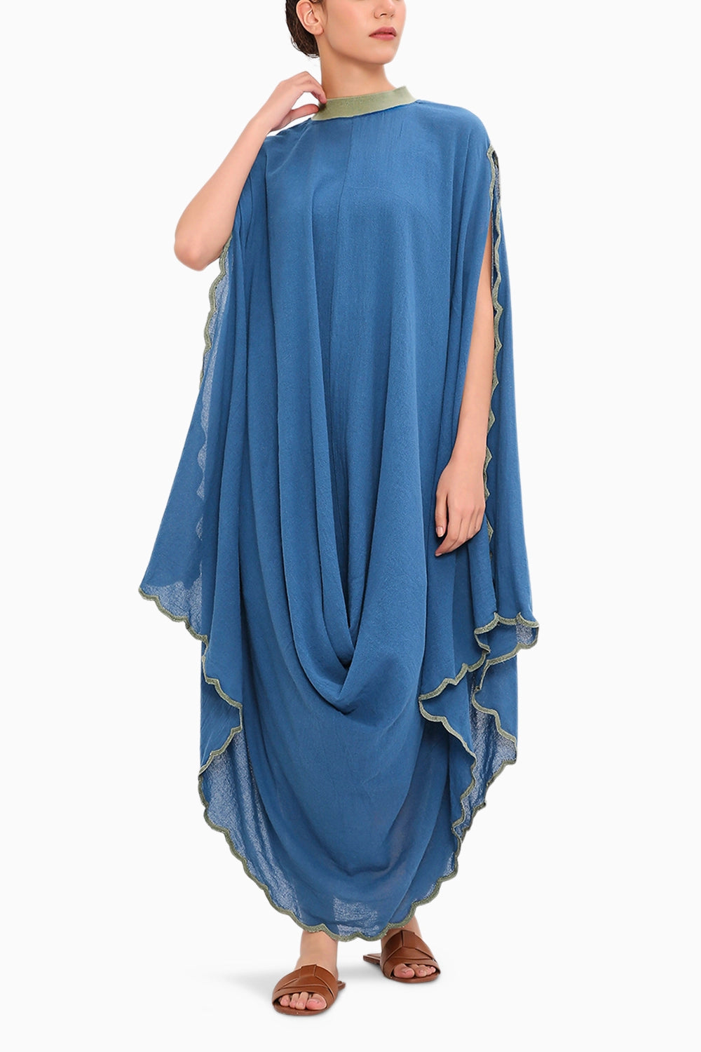 Blue Ribbed Scallop Cowl Dress
