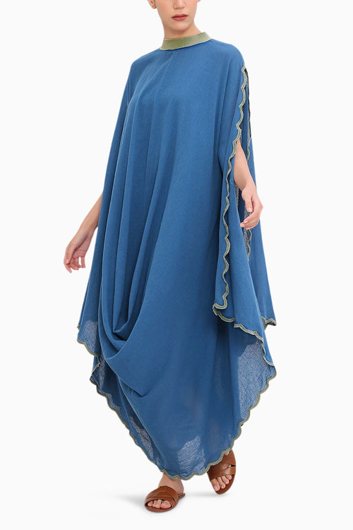 Blue Ribbed Scallop Cowl Dress
