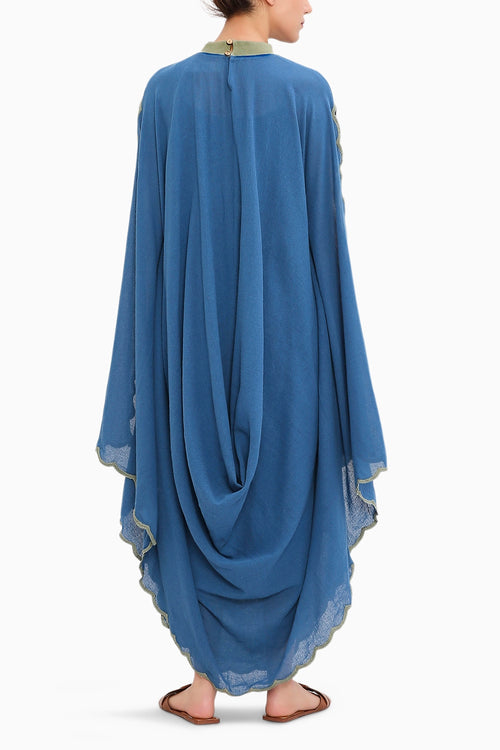 Blue Ribbed Scallop Cowl Dress