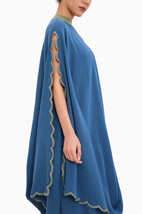 Blue Ribbed Scallop Cowl Dress