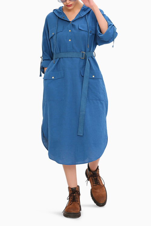 Blue Safari Pocket Hooded Dress