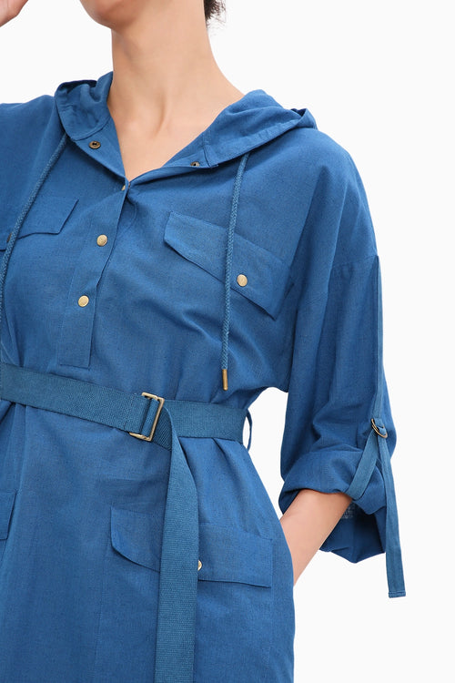 Blue Safari Pocket Hooded Dress