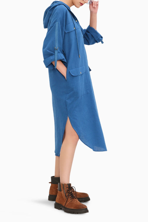 Blue Safari Pocket Hooded Dress