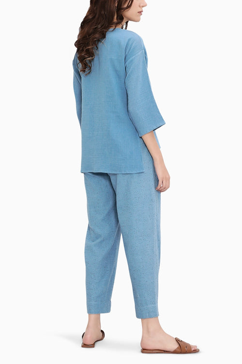 Blue Textured Cotton Dotted Pants