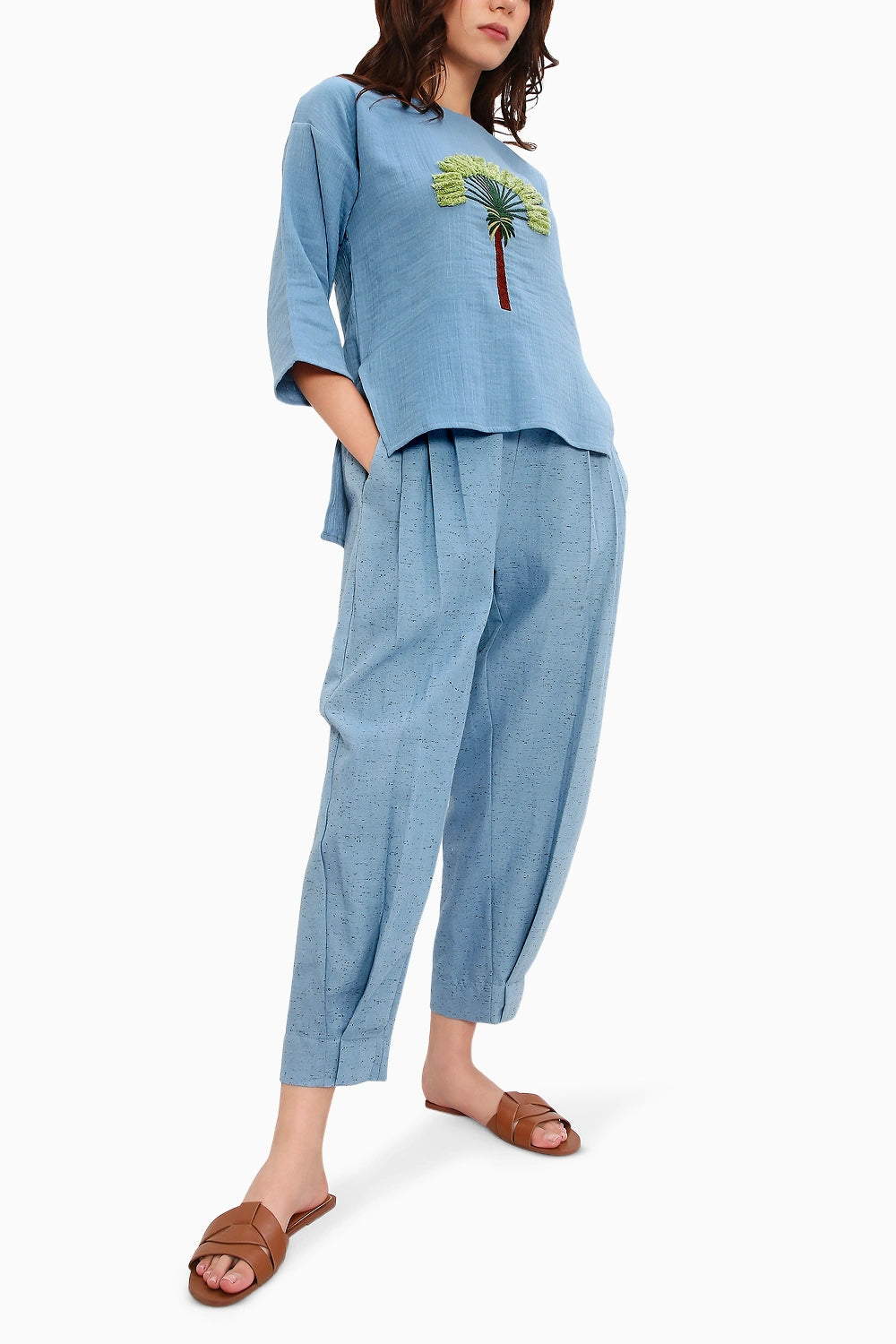 Blue Textured Cotton Dotted Pants