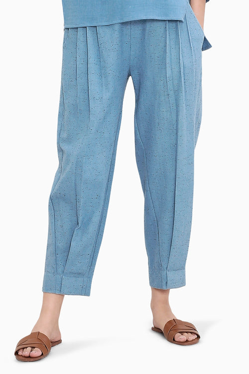 Blue Textured Cotton Dotted Pants
