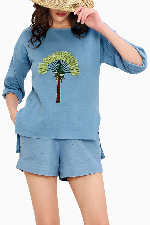 Coco Blue Embroidered Top & Shorts Set
