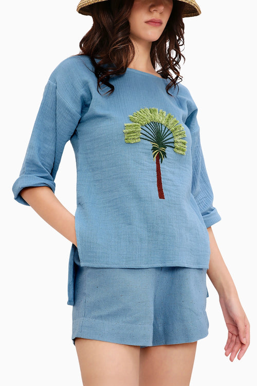 Coco Blue Embroidered Top & Shorts Set