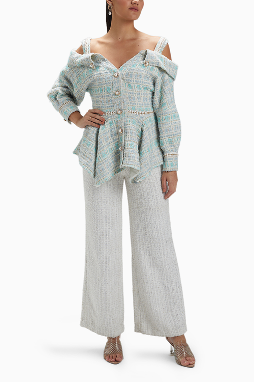 Blue Tweed Off Shoulder Jacket
