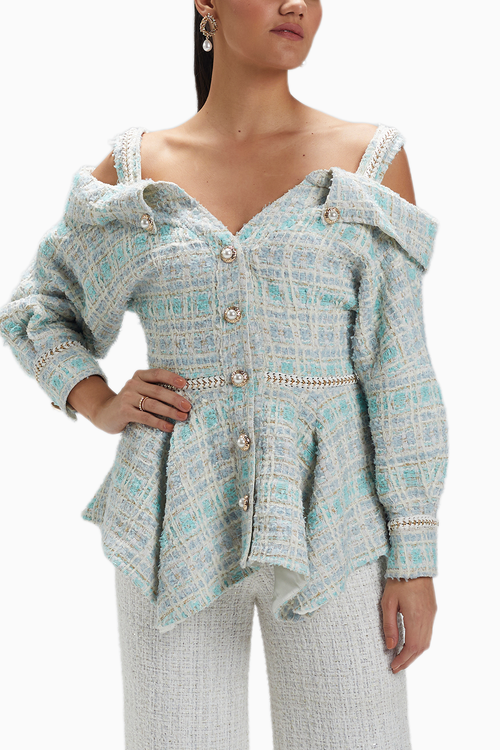 Blue Tweed Off Shoulder Jacket
