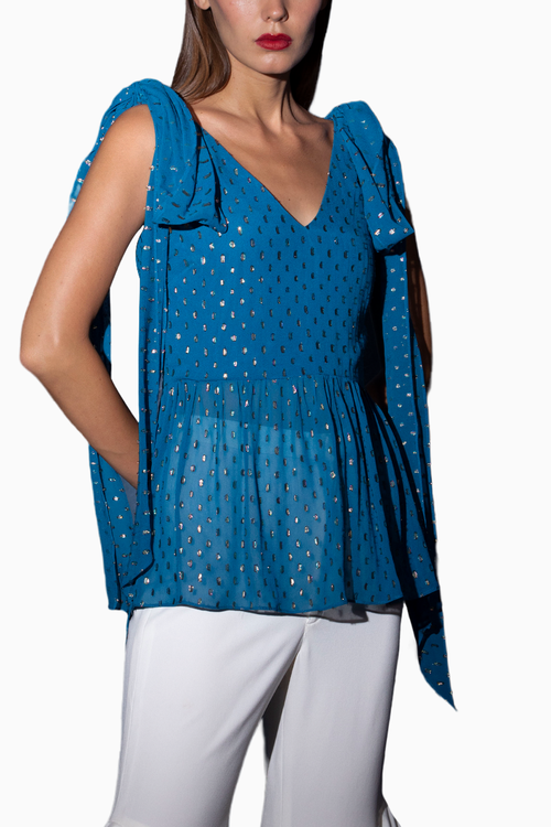 Blue V Neck Top With Tied Bow
