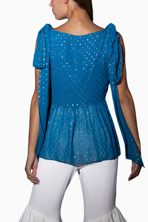 Blue V Neck Top With Tied Bow